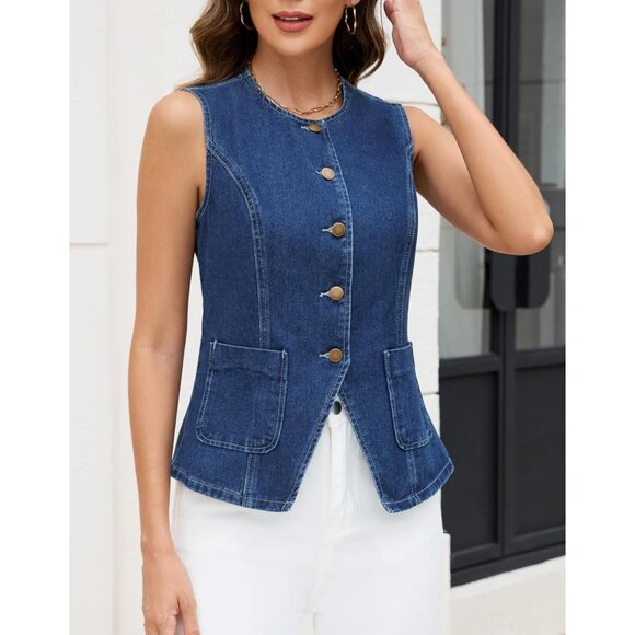 Women’s Sleeveless Denim Vest Crop Top Casual Western Button Down - Picture 2 of 5